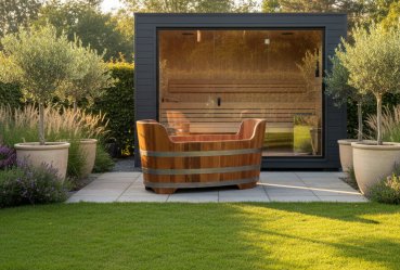 Preview: Handgefertigte Robinien-Holzwanne mit verzinkten Fassbändern und Naturfinish