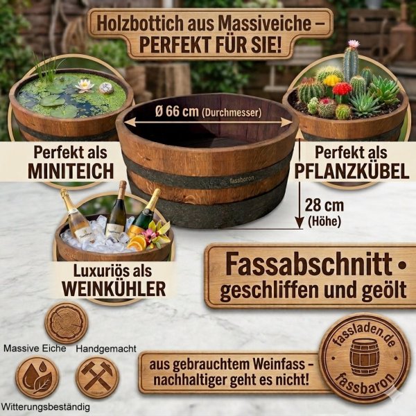 Miniteich aus abgeschliffenem, massiven Eichenholz – 60 Liter | Ø 63cm  Holzbottich aus Weinfass